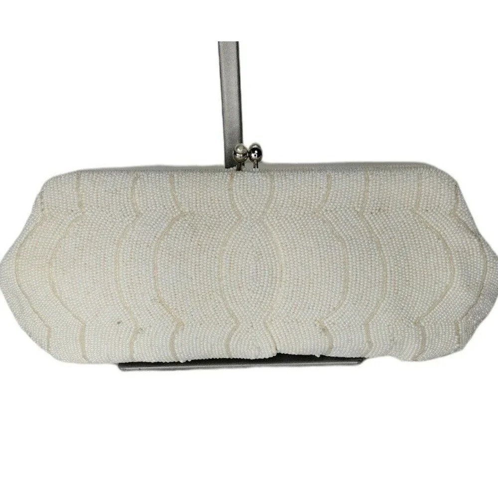 Vintage 40s Goldwaters White Hand Beaded Pearl Seed Bead Clutch Purse Japan